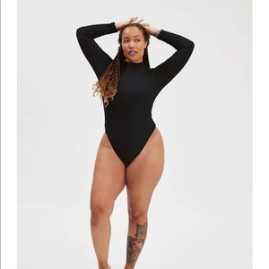 Girlfriend Collective Black Vivien Mock Neck Bodysuit with Thong Bottom